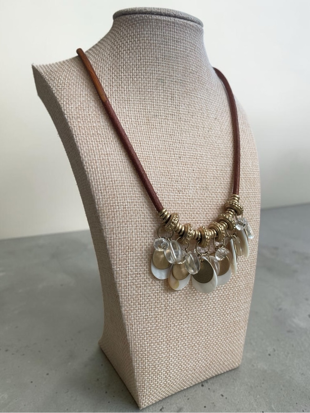 Bohemian Leather Mother of Pearl Crystal Fringe Statement Necklace